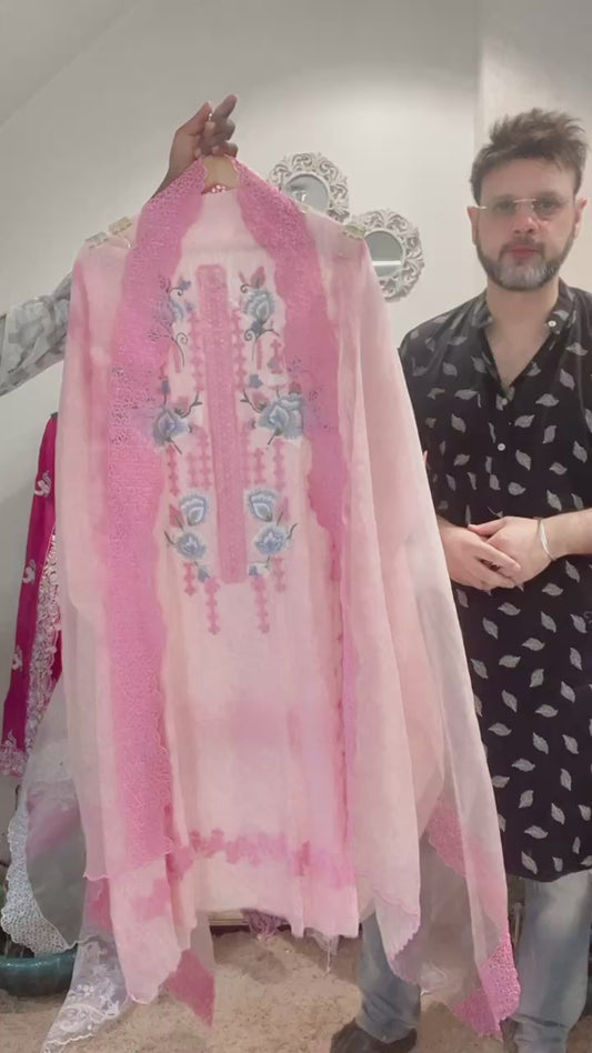 Atharva Heritage Luxury Grey & Powder Pink Pure Chanderi Silk Pakistani Suit – Hand Embroidered, Unstitched  CHP005P Pink