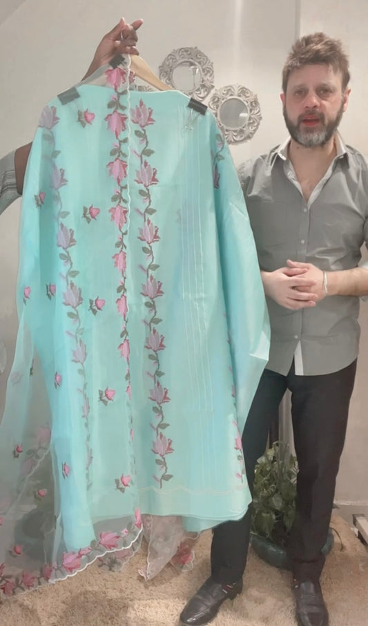 ATHARVA HERITAGE PURE CHANDERI SILK AND ORGANZA KURTA DUPATTA / CROSS STITCH EMBROIDERY CHO0013B BLUE