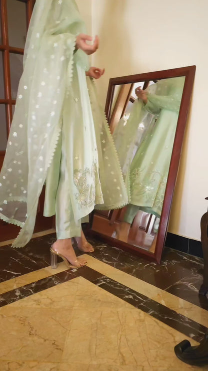 Atharva Heritage Enchanting Elegance: Pure Satin Silk  Pakistani Suits Adorned with Exquisite Parsi Embroidery CO002