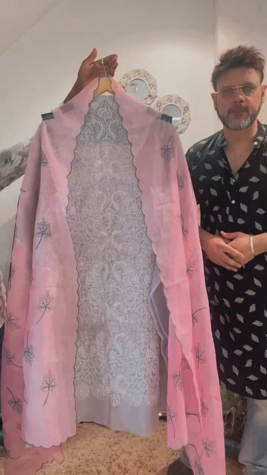 Atharva Heritage Luxury Grey & Powder Pink Pure Chanderi Silk Pakistani Suit – Hand Embroidered, Unstitched  CHP005
