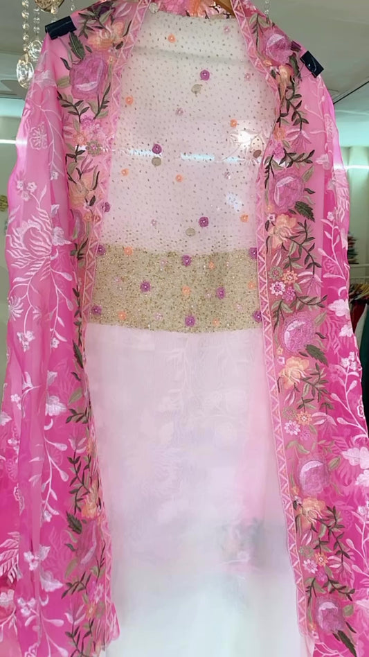 Atharva Heritage Ivory Pure Silk Organza Kurta with Hand-Embroidered Jali Work & Powder Pink Parsi Dupatta AH1318791