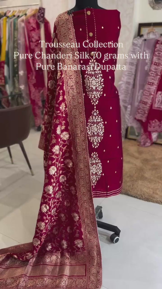 ATHARVA HERITAGE Hand Embroidery Salwar Kameez/Chanderi Silk 70 Grams/Banarsi Silk Dupatta/Stones/CH16779