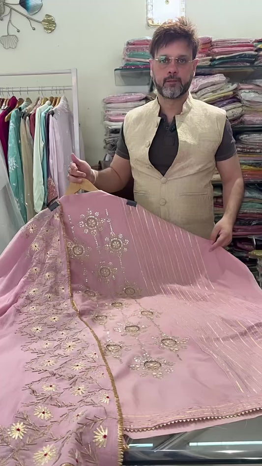 ATHARVA Hand Embroidered Salwar Kameez / Powder Pink Chanderi Shirt/Gota Pati Chiffon Dupatta/Custom Stitch Unstitch/Custom Anarkali/ AHCH1817