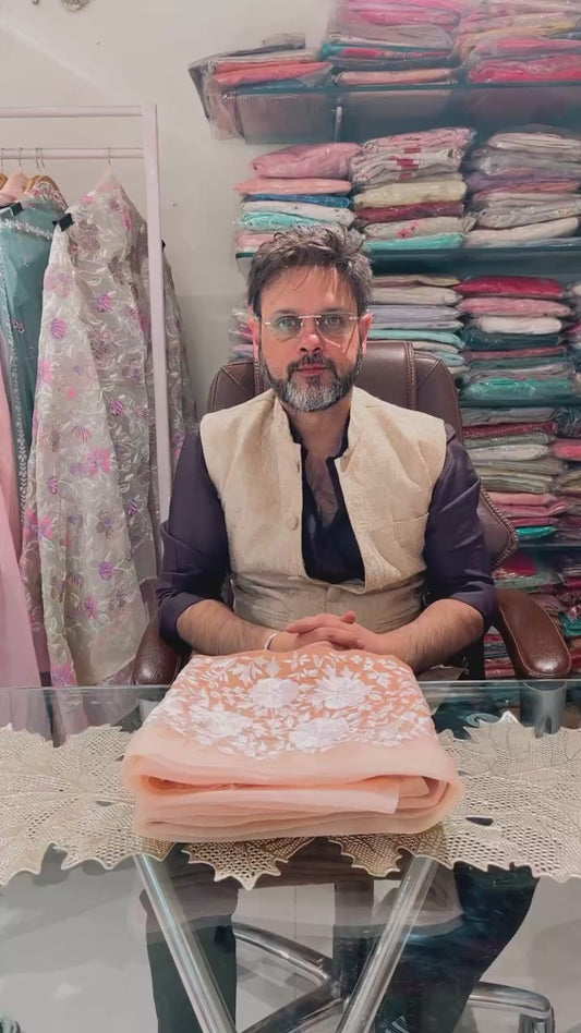 Atharva Heritage "Enchanting Elegance: Pure Satin Silk Organza Pakistani Suits Adorned with Exquisite Parsi Embroidery MS00215