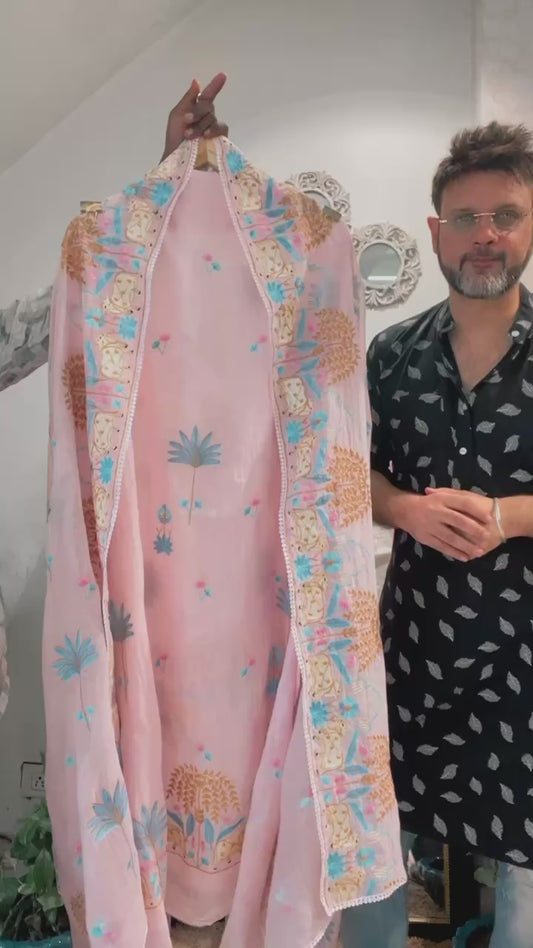 Atharva Frech Thread Pichwai motifs  Embroidered Pure Mul Chanderi Hand woven  edits MC70015  Pink