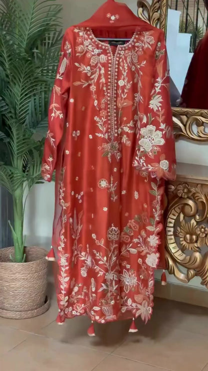 Atharva Heritage Rust Orange Pure Satin Silk Pakistani Suit with Multi-Technique Embroidery & Scalloped Detailing – Custom Stitching Available (S–9XL) ROSS581