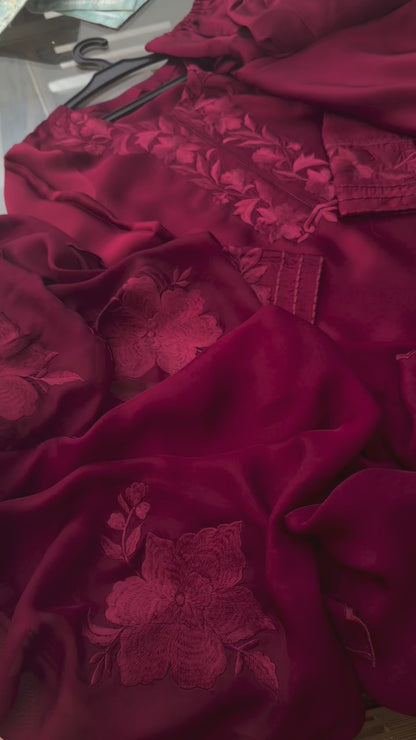 Atharva Heritage Pure Satin Silk Deep Maroon Farsi Salwar Set with Organza Dupatta AH18133191