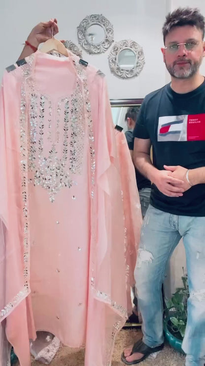 ATHARVA HERITAGE SHEER LUXURY HAND MIRROR EMB SUIT SHEER0027 Pink