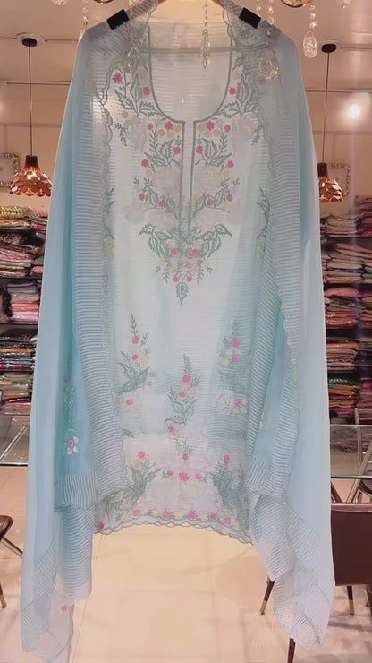 Atharva Heritage PURE striped Mul CHANDER SILK  French Know  SUIT CH5455B Blue