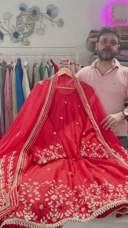 Atharva Heritage Pure Chanderi Silk Gota-Zardozi Anarkali with Chiffon Dupatta & Crepe Pants – Fully Stitched & Customizable