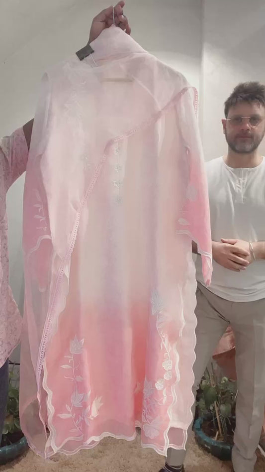 Atharva Heritage “Ombre Pink Pure Silk Organza Hand Appliqué Suit – Custom Tailored up to 9XL” OSO001