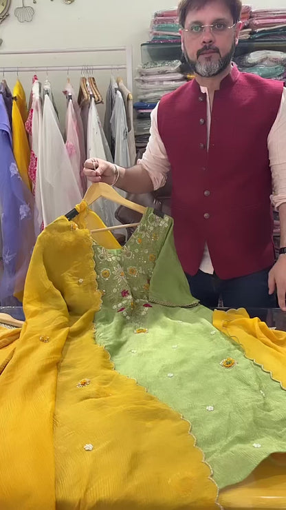 Atharva Heritage Pure Crushed Tissue Silk Punjabi Salwar Suit with Hand Zar Dozi Embroidery – Pista & Yellow Trousseau Collection AH769