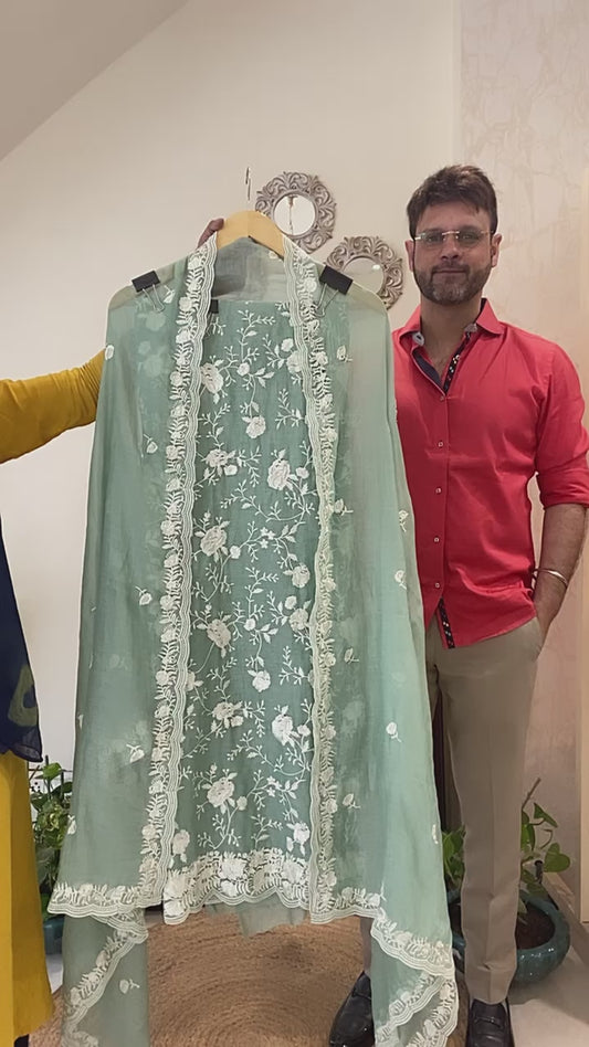 Atharva Heritage PURE MUL CHANDERI SILK  PARSI GARA SUIT MCH001