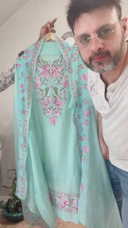 Atharva Heritage Water Thread Embroidered Pure Mul Chanderi  MC70011T Turquoise