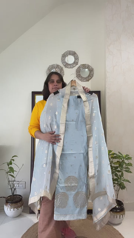 Atharva Heritage English Blue Pure Tandoori Silk Unstitched Set with Gota & Dapka Hand Embroidery and Banarasi Organza Dupatta PCHHGSO667