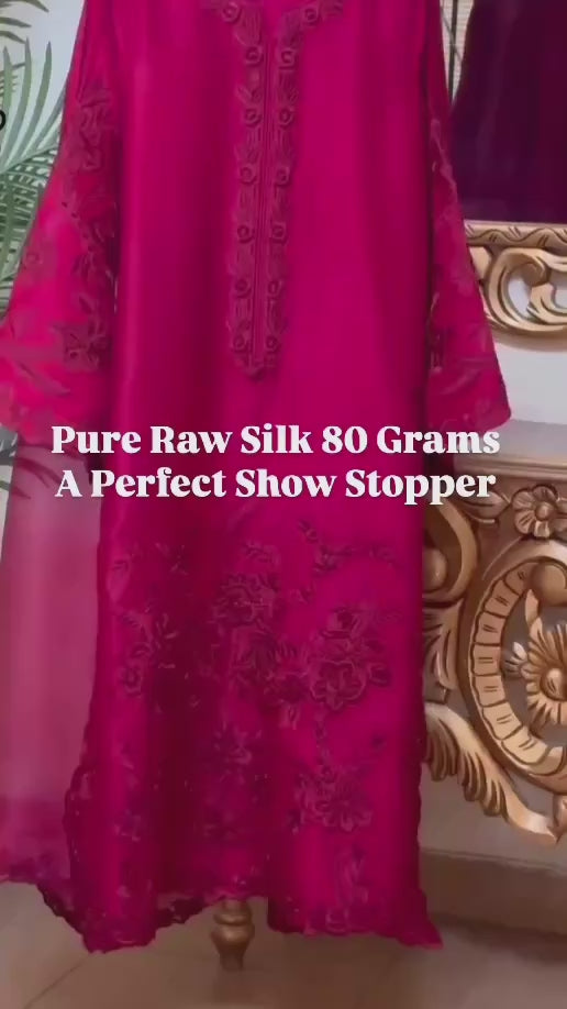 Atharva Heritage “Stunning Pure Raw Silk Pakistani Suit with French Thread Embroidery, Silk Organza Dupatta & Pure Crepe Pants – Fully Stitched from Small to 9XL”