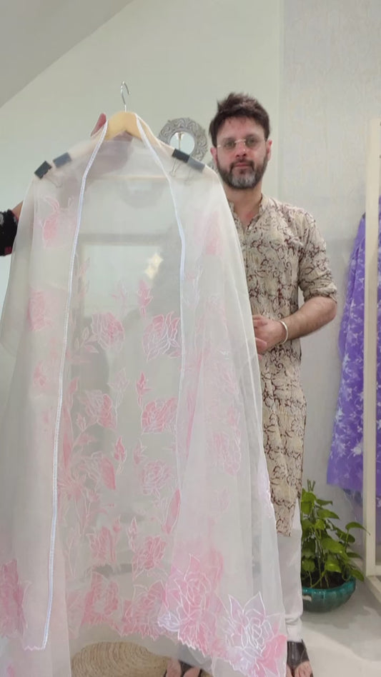 Atharva Heritage SHEER LUXURY PINK PURE SILK ORGANZA OMBRÉ APPLIQUE SUIT SOHAO144