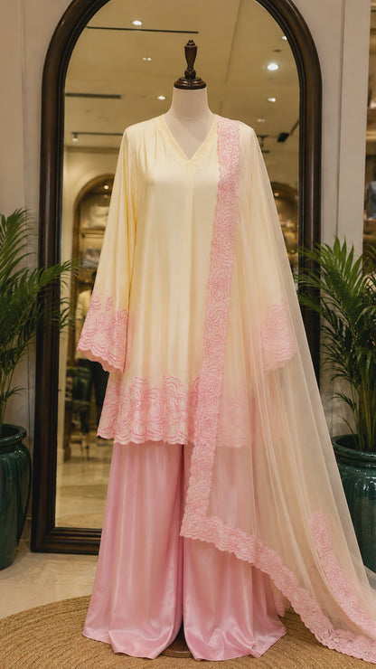 Atharva Heritage  Butter Blush Pure Satin Silk Kurta & Palazzo with Silk Organza Dupatta AH1813SCS1