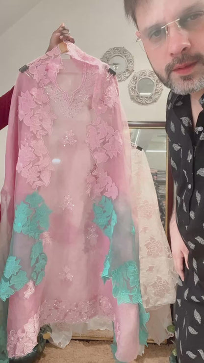 Atharva Heritage Sheer Luxury Pakistani Appliqué EmbellishedSuit PL0015LT Lavender with Turquoise