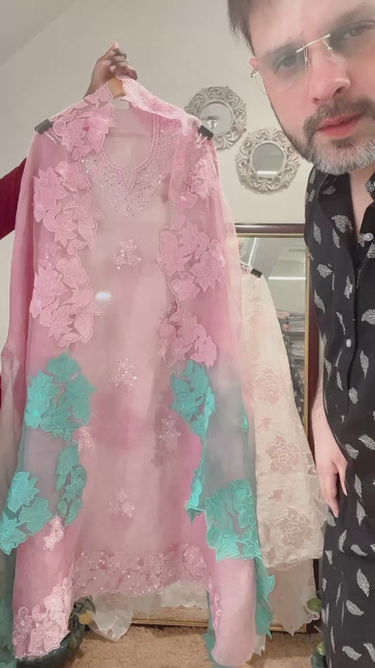 Atharva Heritage Sheer Luxury Pakistani Appliqué EmbellishedSuit PL0015LT Lavender with Turquoise