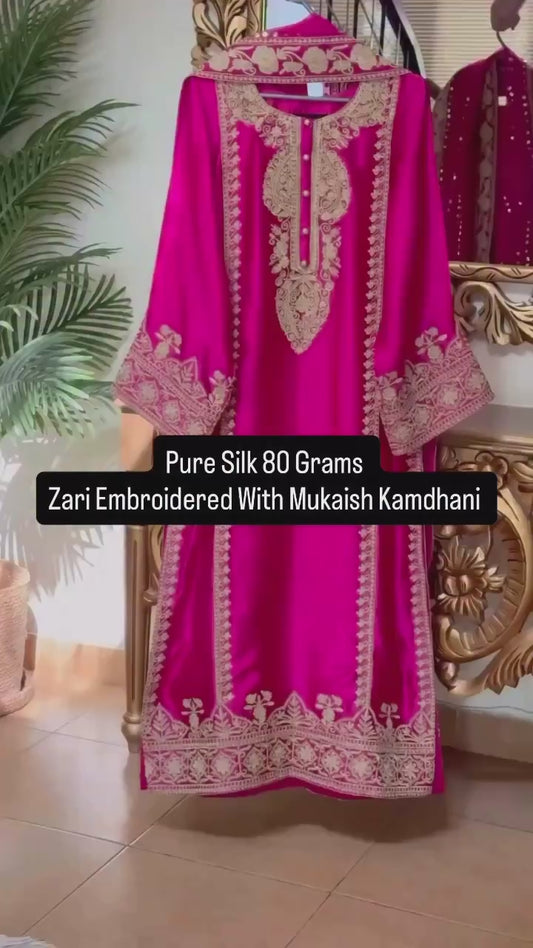 Atharva Heritage Pure Satin Silk Zari Embroidered Pakistani Suit with Hand Mukesh Kamdhani Dupatta – Customizable Luxury Ensemble SSZ151