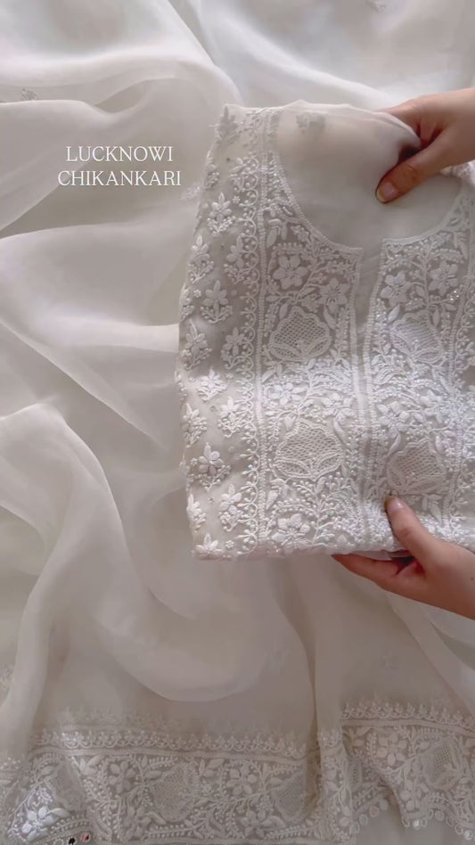 Atharva Heritage Sheer Luxury “Handcrafted 2-Taar Shadow Lucknowi Embroidered Suit – Pure Silk Organza | Limited Edition AH-1813-3199