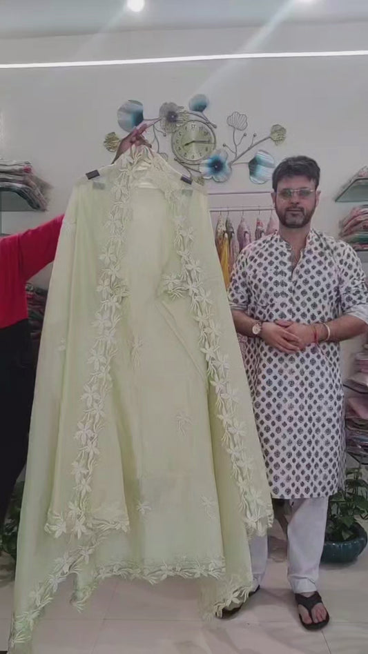 ATHARVA Hand Embroidery Salwar Kameez/Chanderi Appliqué -Work Shirt & Dupatta/Santoon Bottom/Custom Stitch Unstitch/Plazo/Pant/CUT8030