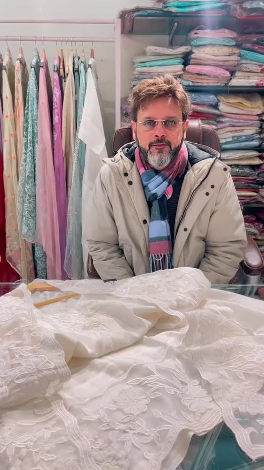 ATHARVA Pakistani Salwar Kameez/Chanderi Hand Cut-Work Shirt & Dupatta/Santoon Bottom/Custom Stitch Unstitch/Plazo/Pant/CUT81062 white