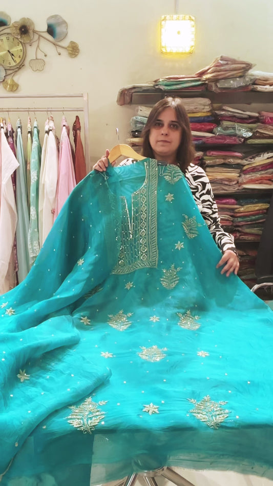 Atharva Heritage Turquoise Organza Silk Chikankari Unstitched Kurta Dupatta Set SL89000646