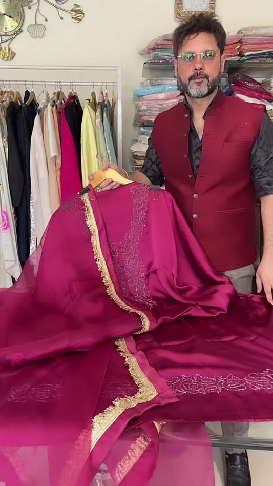 Atharva Luxe – Pure Silk Luxury Kurta Set with Handcrafted Ghera Sleeves & Organza Dupatta PSH0068-W