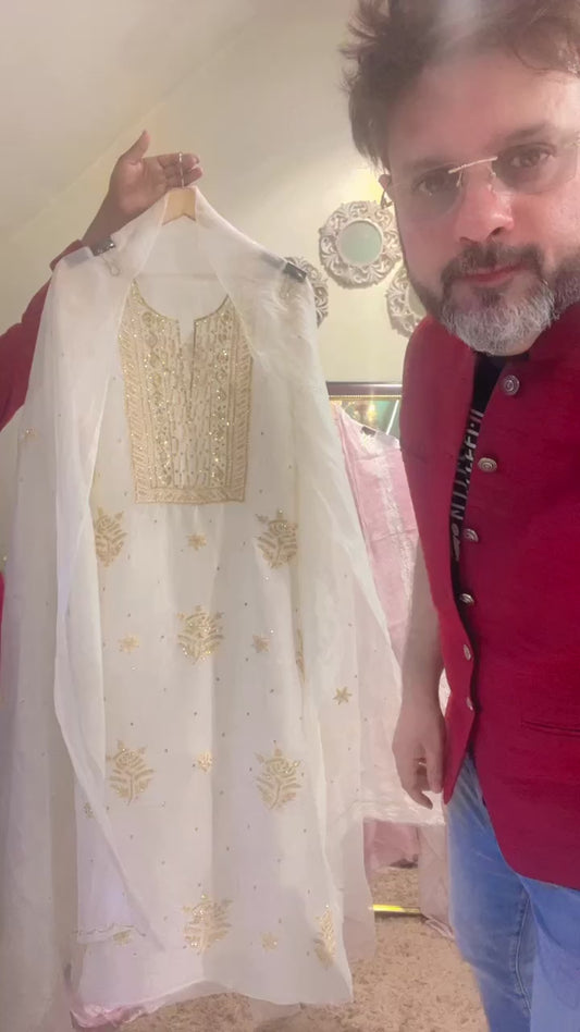 Atharva Heritage White Noor Organza Silk Chikankari Unstitched Kurta Dupatta Set SL89000646