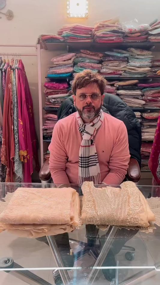 Atharva Heritage Exclusive Hand Embroidered 80 Grams Tissue Silk Kurta with Pure Silk Organza Hand Applique Dupatta  – Water Gold  Luxury Collection LSSCT176