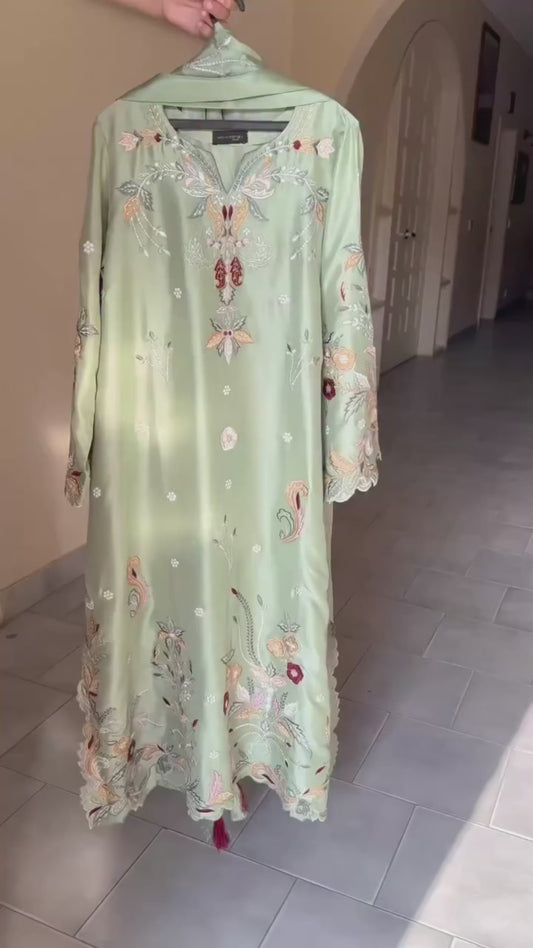 Atharva Heritage Rust Orange Pure Satin Silk Pakistani Suit with Multi-Technique Embroidery & Scalloped Detailing – Custom Stitching Available (S–9XL) ROSS581