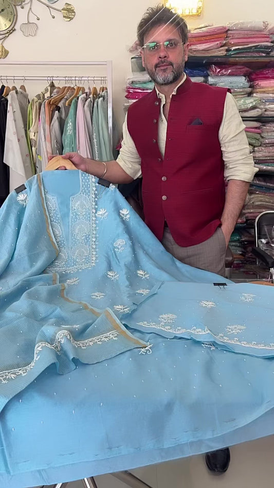 Pure Chanderi Silk Suit Premium Hand Embroidered Lucknowi Pearl  Collection AH1813CH16