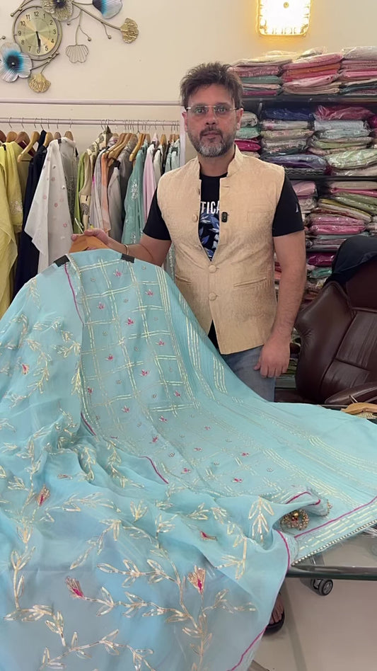 ATHARVA Hand Embroidered Salwar Kameez / Powder Blue  Chanderi Shirt/Gota Pati Chiffon Dupatta/Custom Stitch Unstitch/Custom Anarkali/ AHCH1820
