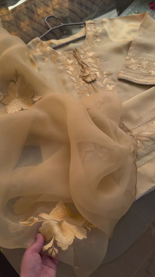 Atharva Heritage Pure Satin Silk     Champagne beige Farsi Salwar Set with Organza Dupatta AH18133191