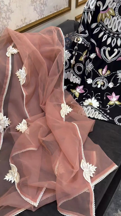 Atharva Heritage Pure Satin Silk Pastel Black and Pastels Farshi Salwar Set with Organza Dupatta AH18133191