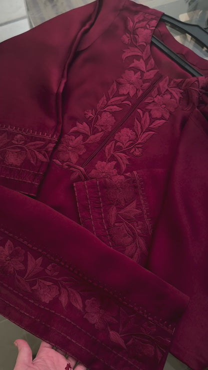 Atharva Heritage Pure Satin Silk Deep Maroon Farsi Salwar Set with Organza Dupatta AH18133191