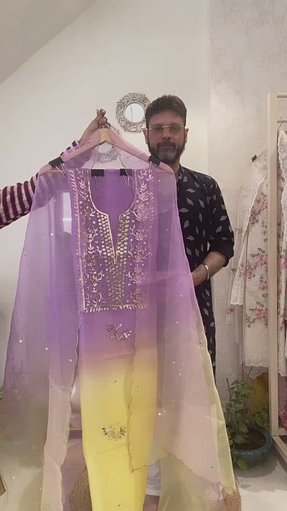 Atharva Heritage Sheer Luxury Pure Silk Organza Hand Mukaish Kamdhani Suit in Ombre 181331456