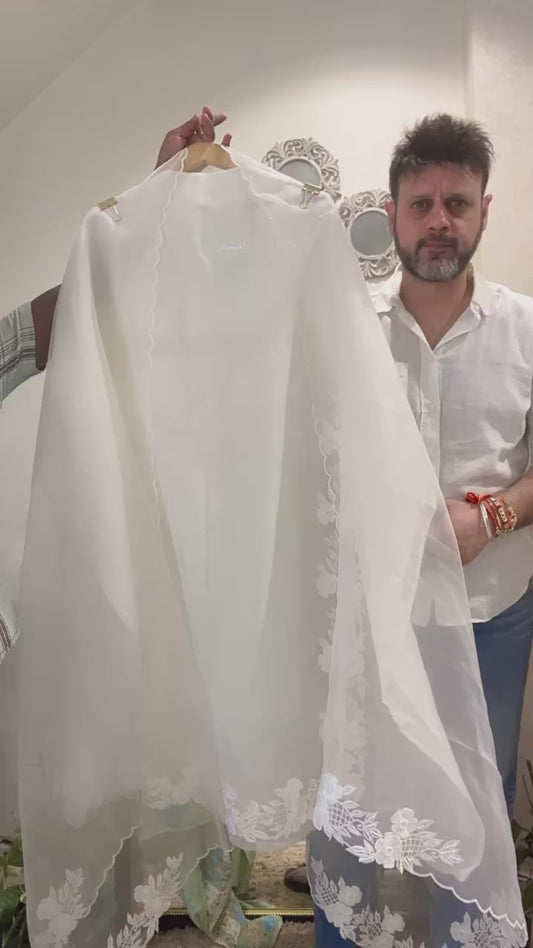 Atharva Heritage Unstitched Pure Organza Silk Pakistani Suit with Pearl Parsi Embroidery & Pure Crepe Bottom SHEER0016