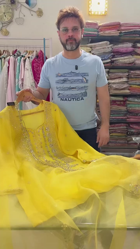 Atharva Heritage SHEER LUXURY HAND MIRROR EMB FARSHI SALWAR SUIT SHEER0027(B) Yellow
